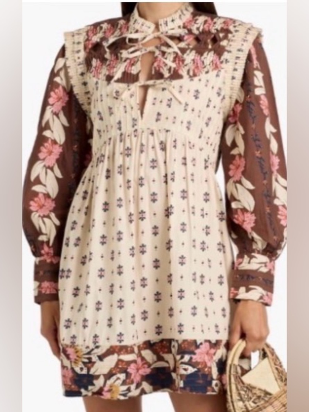 FARM RIO Pintucked printed cotton-voile Long-Sleeve Mini Dress: Medium - Picture 6 of 8